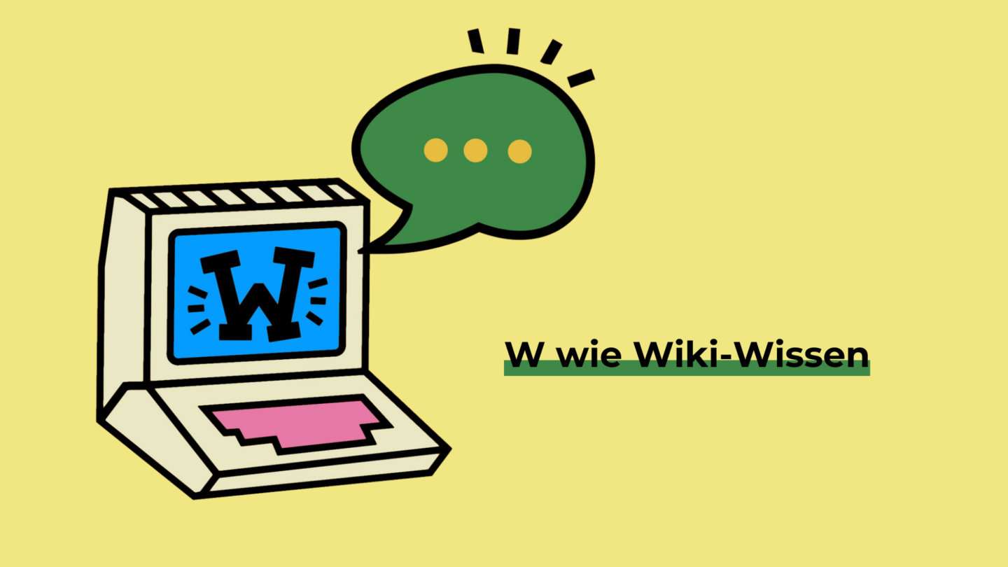 Die Grafik zeigt einen im Comic-Stil gezeichneten Desktopcomputer, auf dessen blauem Bildschirm ein großes W wie Wikipedia zu sehen ist. Neben dem Bildschrim des Computers schwebt eine Sprechblase mit drei Punkten drin. Neben dem Computer steht auf gelbem Hintergrund: Wi wie Wiki-Wissen. Grafik: Jimmyjrg, W20 computer and bubble, Freigestellt auf neuem Hintergrund von Franziska Kelch (WMDE), CC BY-SA 4.0