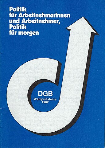 Das Bild zeigt das Cover von Wahlprüfsteinen, die der Deutsche Gewerkschaftsbund zur Bundestagswahl 1987 angefertigt hat. Der Titel lautet: Politik für Arbeitnehmerinnen und Arbeitnehmer. Politik für morgen. Foto: Wolf1949, Wahlprüfsteine des DGB 1987 , CC0 1.0
