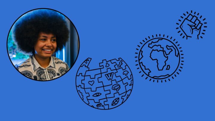 Die Grafik zeigt ein Porträtfoto von Sopha Tawonga Longwe. Daneben sind stilisiert der Wikipedia-Ball sowie ein Globus und eine empor gereckte Faust zu sehen.