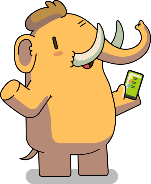 Das Mastodon Maskottchen, ein kleiner Mastodon, hält ein Smartphone in der Hand.