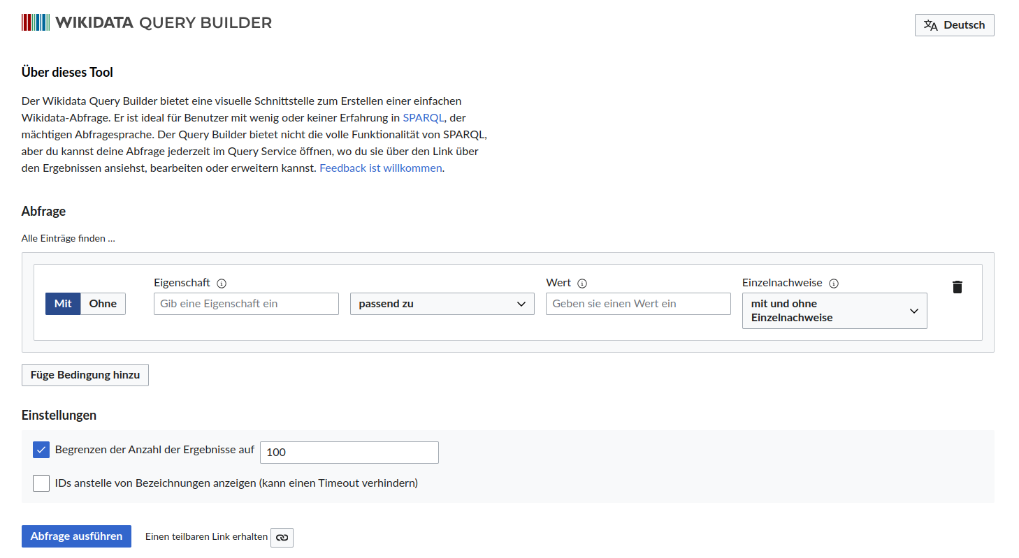 Ein Screenshot der deutschen Version vom Wikidata Query Builder.