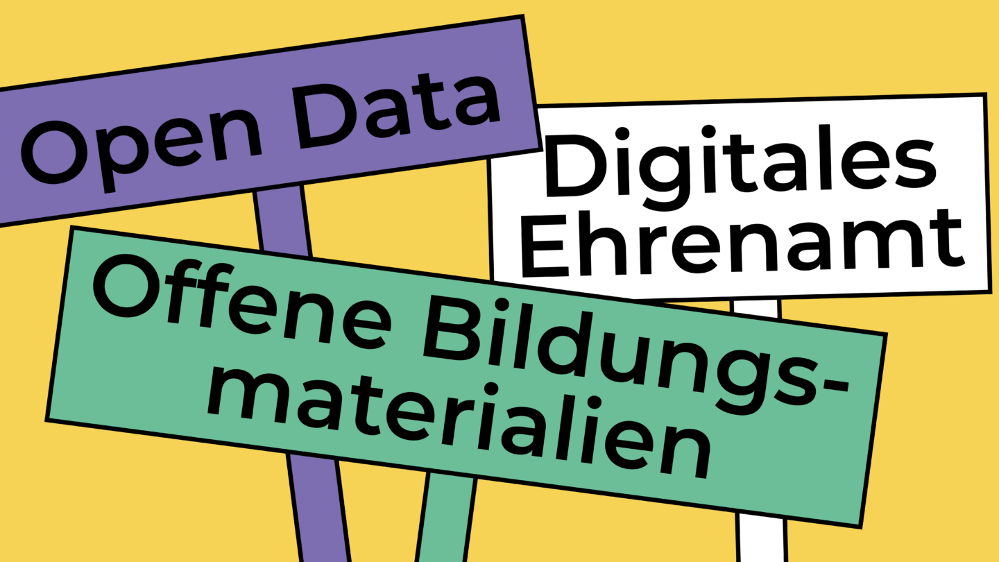 Grafik mit Schildern mit der Aufschrift: Open Data, Digitales Ehrenamt, Offene Bildungsmaterialien