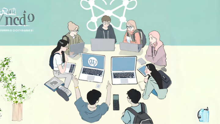 Die Grafik zeigt eine Gruppe junger Menschen, die in einem Kreis vor ihren Laptops sitzen. Ein Laptop zeigt den Buchstaben W vor hellblauem Hintergrund.