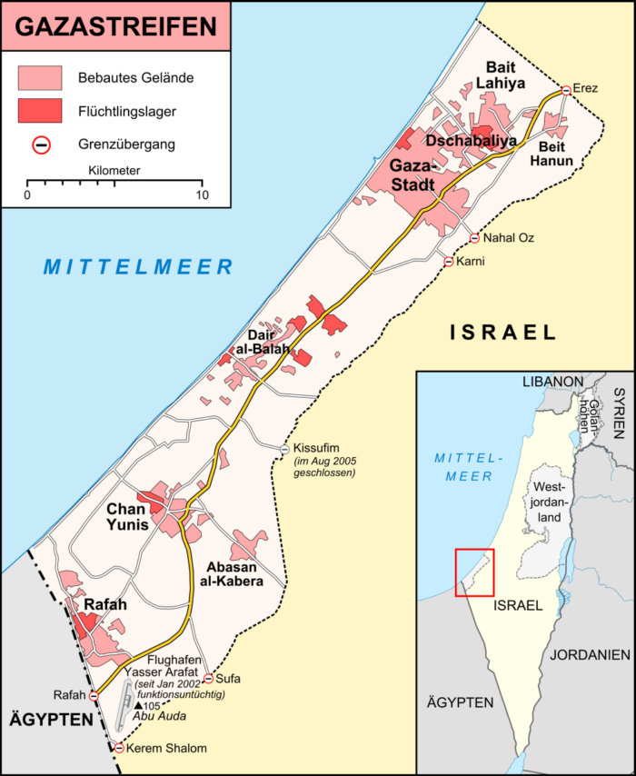 Die Karte zeigt den Gazastreifens und die Lage Israles Karte des Gazastreifens nach UN-Angabe im Dezember 2012 / Januar 2013 Grafik: Maki1, Karte Gazastreifen Dez 2012, CC BY-SA 3.0