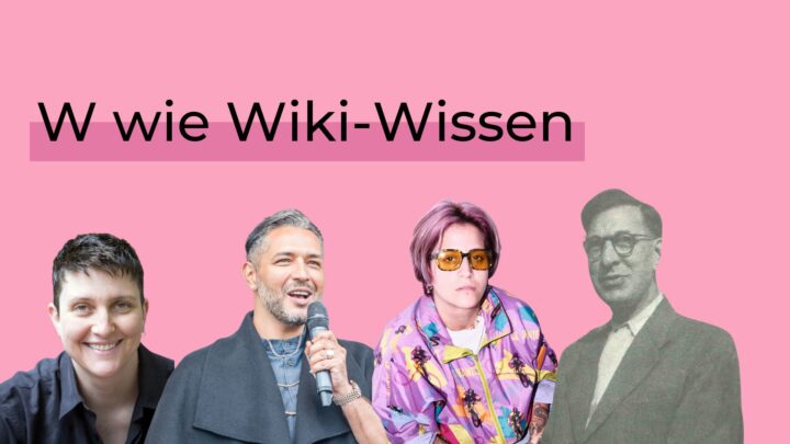 Vier Portraits mit dem Text " W wie Wiki-Wissen"