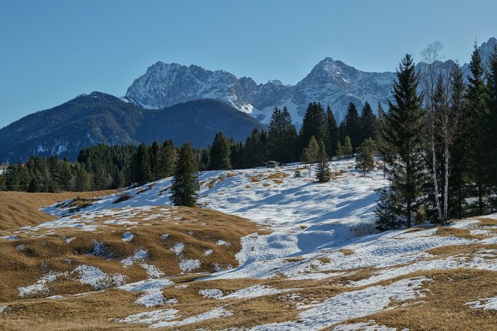 Landschaftsbild mit Geotop „Buckelwiesen”. Im Hintergrund sind der Schwarzkopf und die Nördliche Karwendelkette zu sehen.