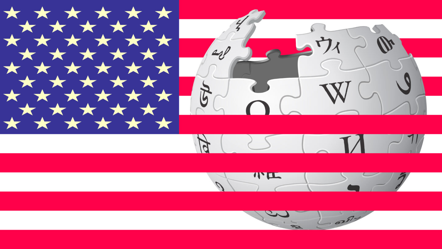 Amerikanische Flagge und Wikipedia-Ball hinter den roten Streifen