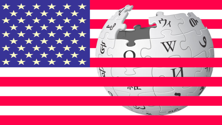 Amerikanische Flagge und Wikipedia-Ball hinter den roten Streifen