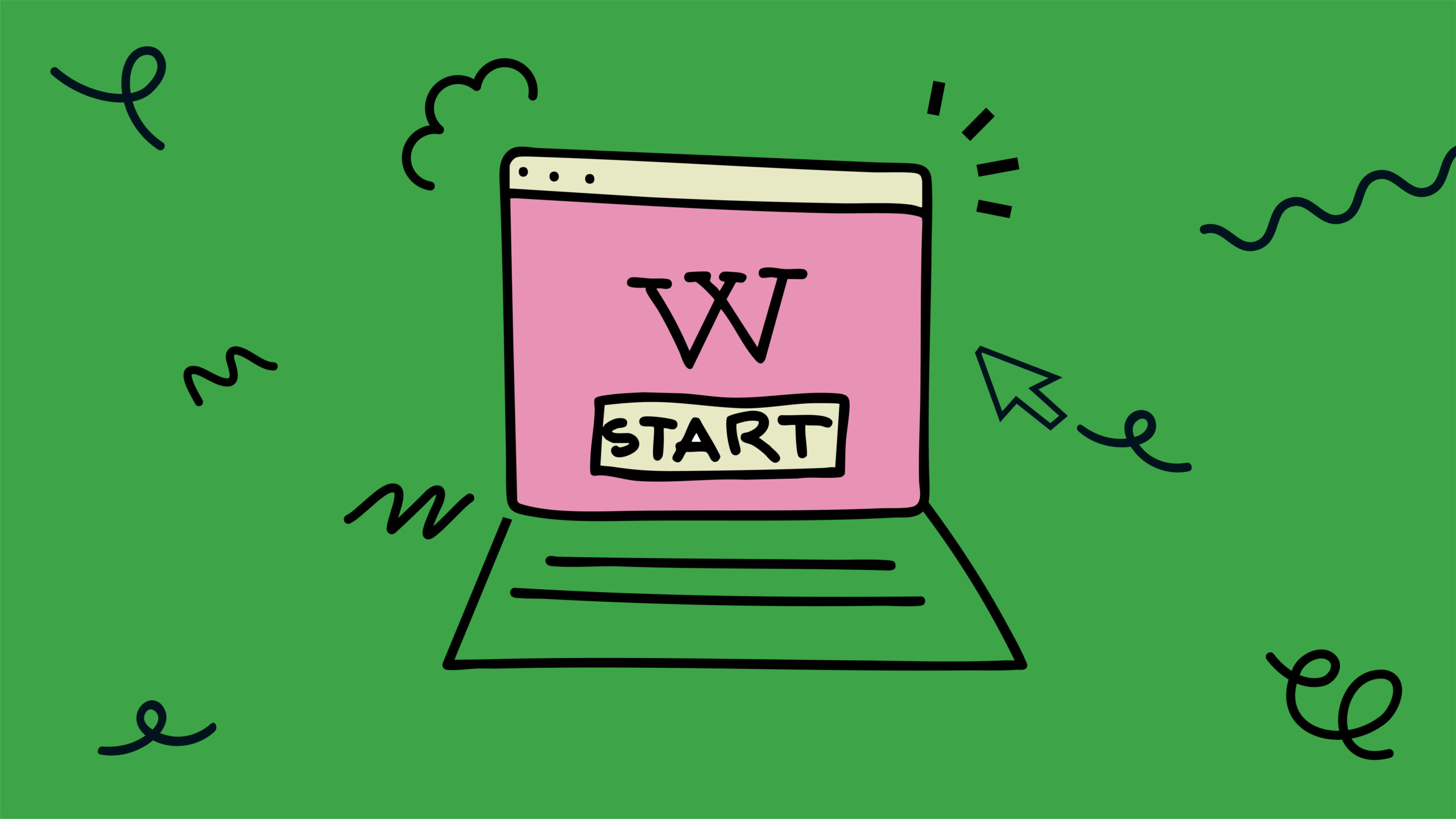 Ein gezeichneter Laptop. Auf dem Bildschirm ist der Buchstabe W zu sehen, darunter ein Startknopf.
