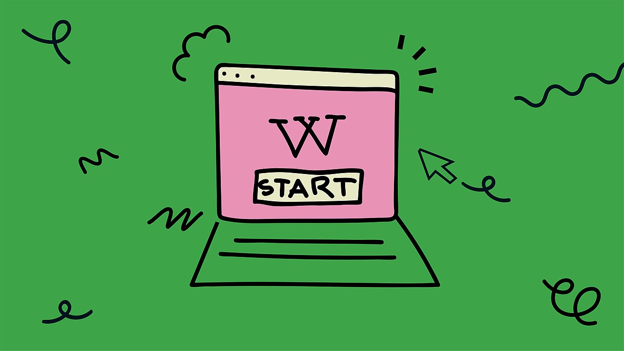 Ein gezeichneter Laptop. Auf dem Bildschirm ist der Buchstabe W zu sehen, darunter ein Startknopf.