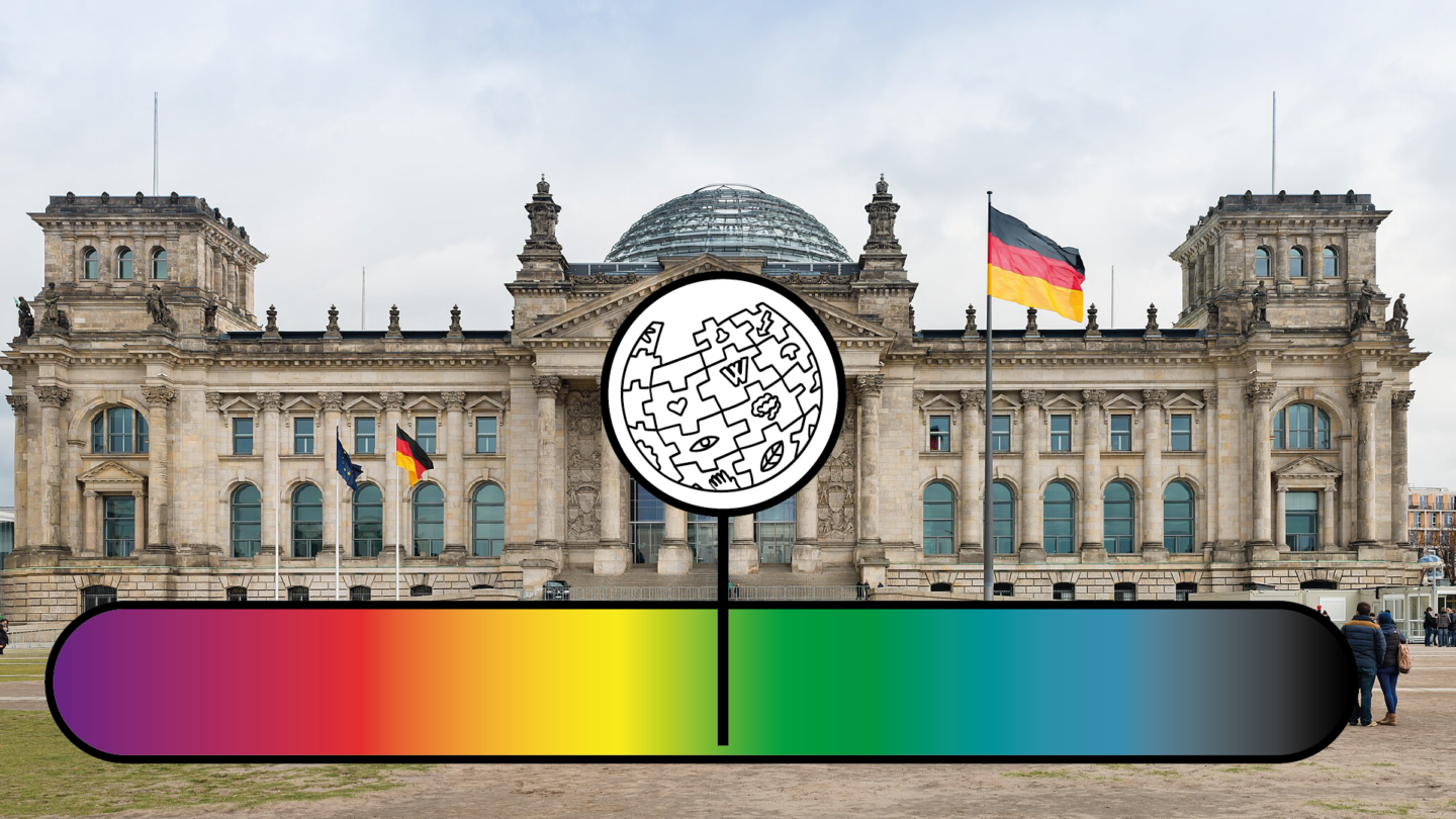 Das Bild zeigt den Deutschen Bundestag, vor dessen Kuppel ein stilisierter Wikipedia-Ball zu sehen ist. Er ist durch eine Strichverbindung verankert in einem Farbspektrum, das die Farben der unterschiedlichen Parteien im deutschen Bundestag zeigt.