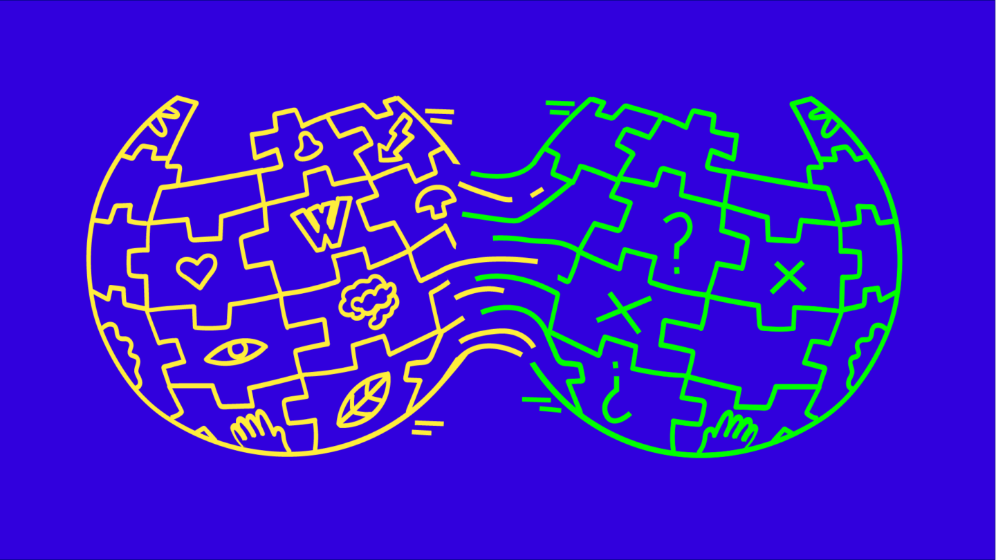 Zwei Wikipedia-Puzzlebälle werden zusammengezogen. Der rechte zeigt Fragezeichen und Kreuze, der linke Symbole wie Auge, Herz und Blatt.