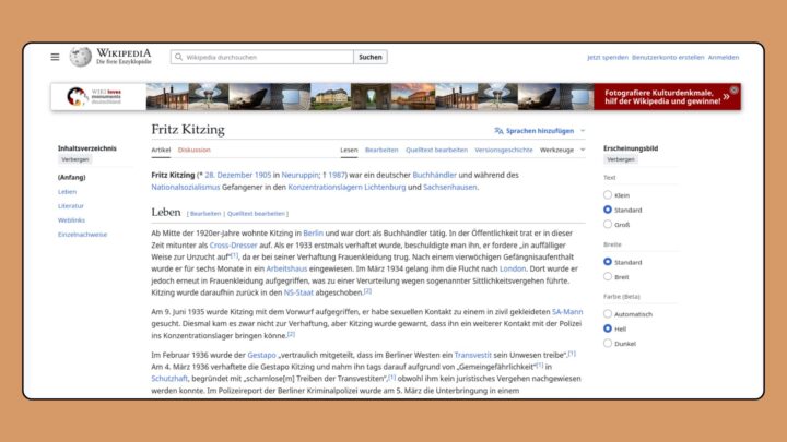 Screenshot von Wikipedia-Biografie über Fritz Kitzing