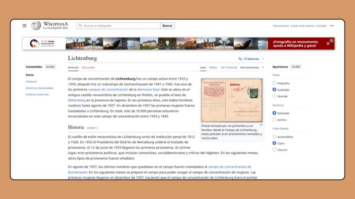 Screenshot des spanischsprachigen Wikipedia-Artikel zum Konzentrationslager Lichtenburg