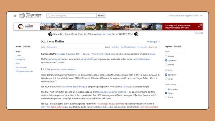 Screenshot der italienischsprachigen Wikipedia-Biografie des Schauspielers Kurt von Ruffin
