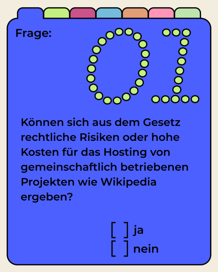 Können sich aus dem Gesetz rechtliche Risiken oder hohe Kosten für das Hosting von gemeinschaftlich betriebenen Projekten wie Wikipedia ergeben?