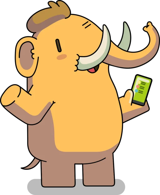 Das Mastodon Maskottchen, ein kleiner Mastodon, hält ein Smartphone in der Hand.