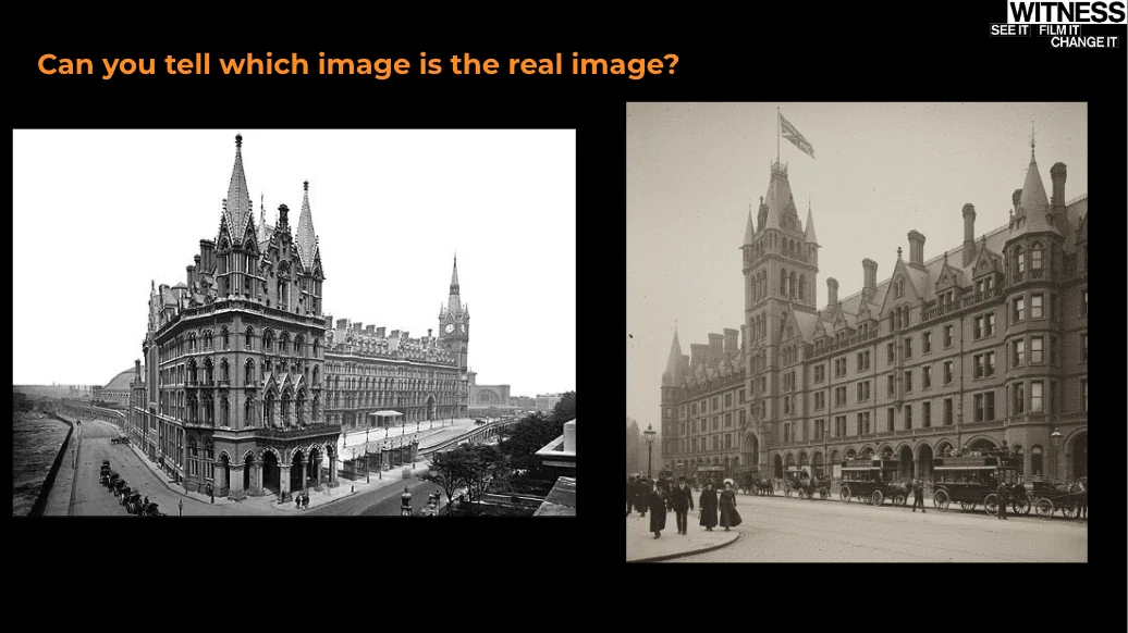 "Can you tell which image is the real image?" Darunter zwei Bilder die in schwarz-weiß das Midland Grand Hotel in Groß-London zeigen.