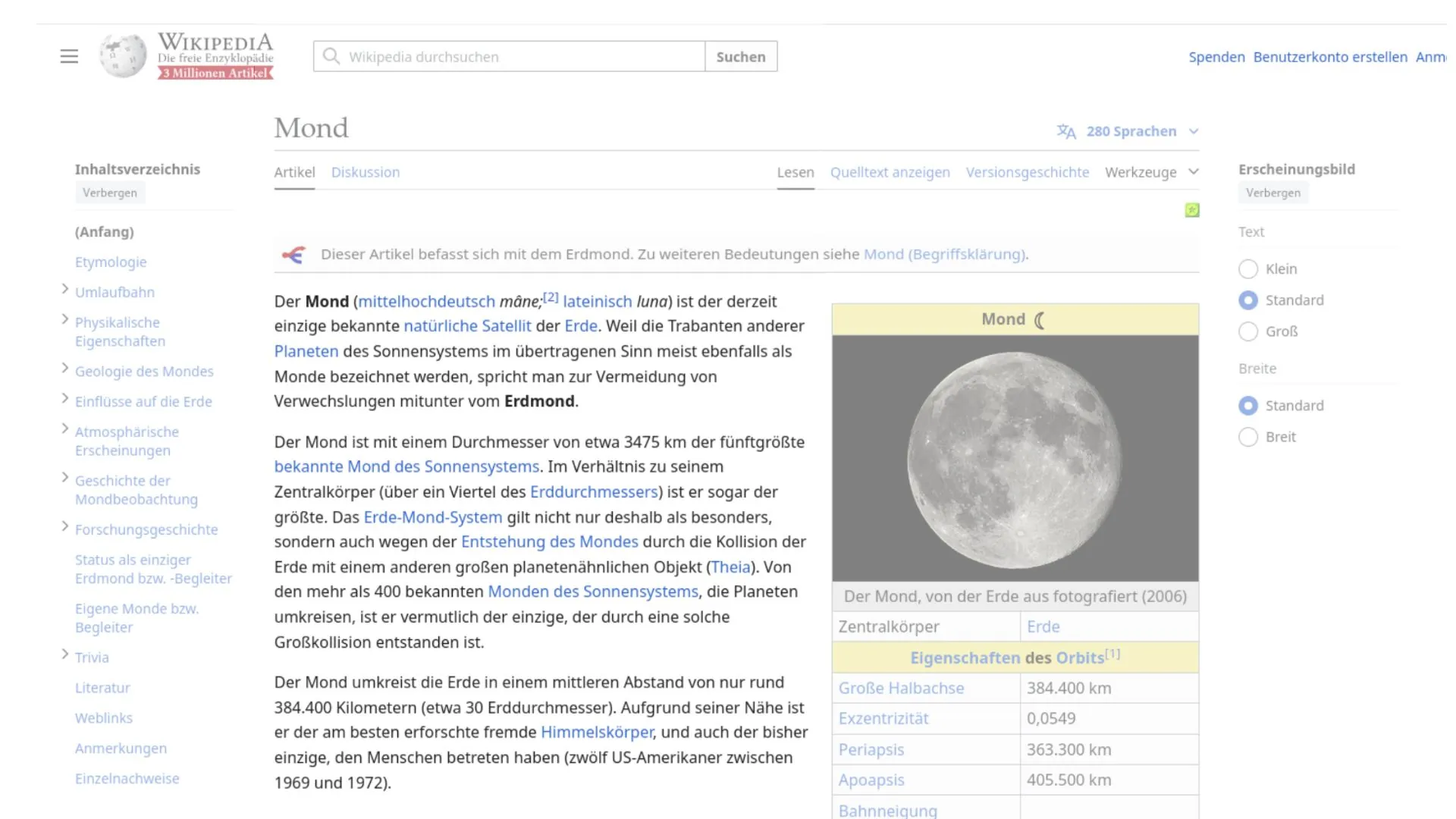 Sreenshot der neuen Benutzeroberfläche von Wikipedia mit maximaler Zeichenlänge.
