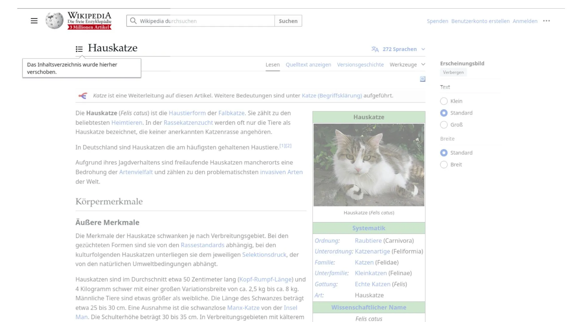 Screenshot der neuen Benutzeroberfläche von Wikipedia mit ausgeblendetem Seitenmenü