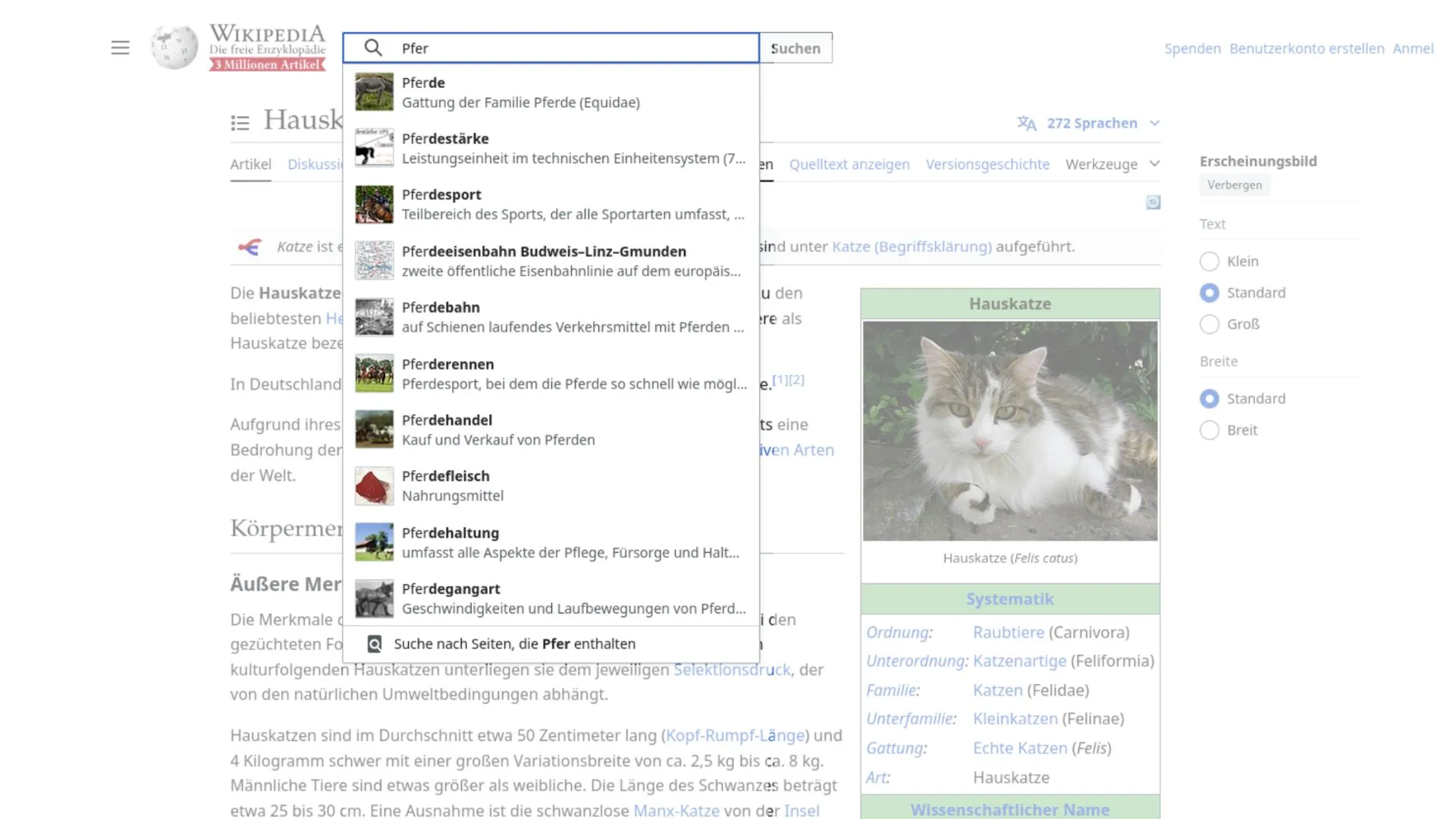 Screenshot der neuen Benutzeroberfläche von Wikipedia mit verbesserter Suchfunktion