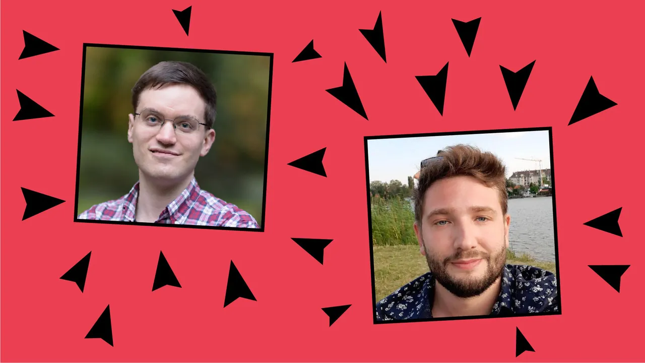 Portraitfotos von Sebastian Majstorovic und Henrik Schönemann auf rotem Hintergrund