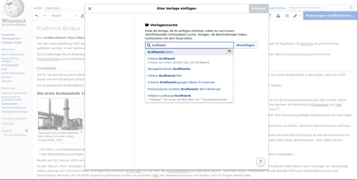 In die Suchmaske des Vorlagendialogs wurde "Kraftwerk" eingegeben. Der Dropdown zeigt Suchergebnisse wie Kraftwerkslisten, Infobox Kraftwerk, Navigationsleiste Kraftwerk u.v.m.