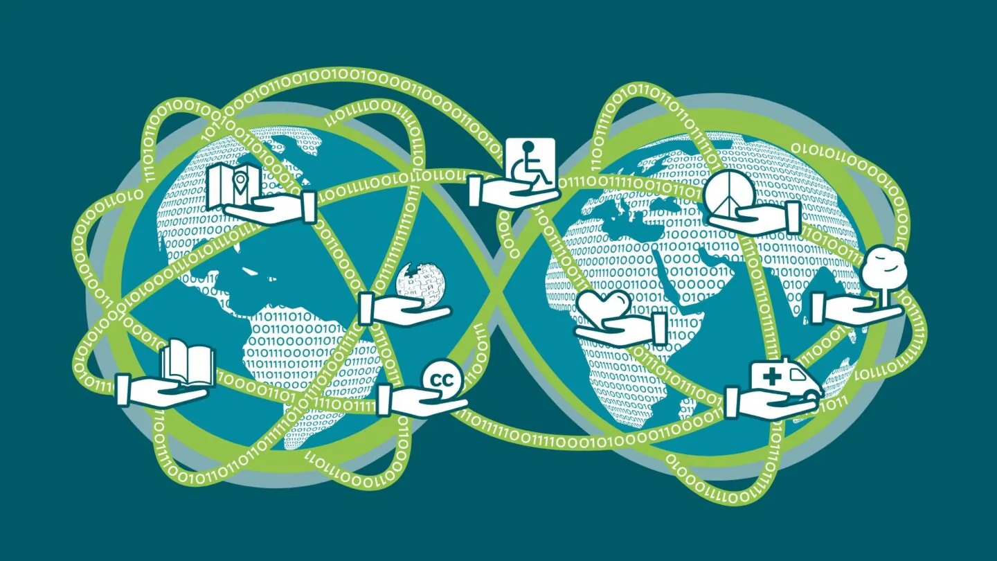 Die Grafik zeigt zwei Weltkugeln und Icons, die das digitale Ehrenamt visualisieren sollen.