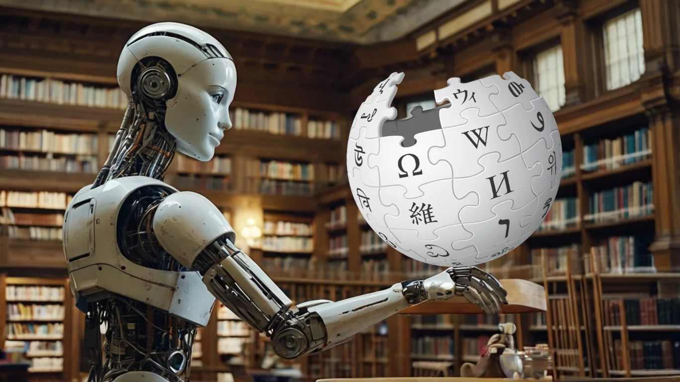 Cyborg-Roboter mit Wikipdia Globus in einer Bibliothek