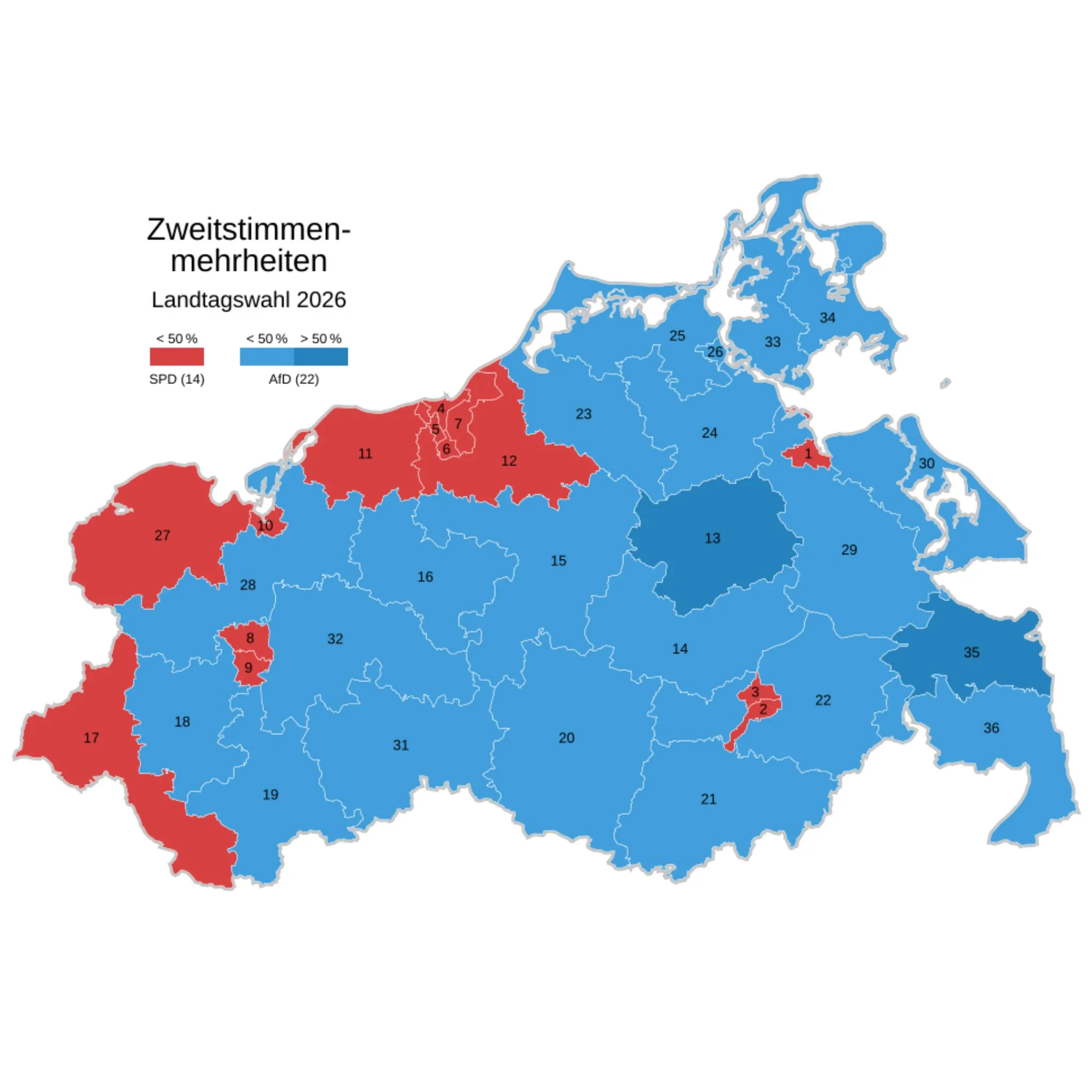 Karte mit Zweitstimmenmehrheiten