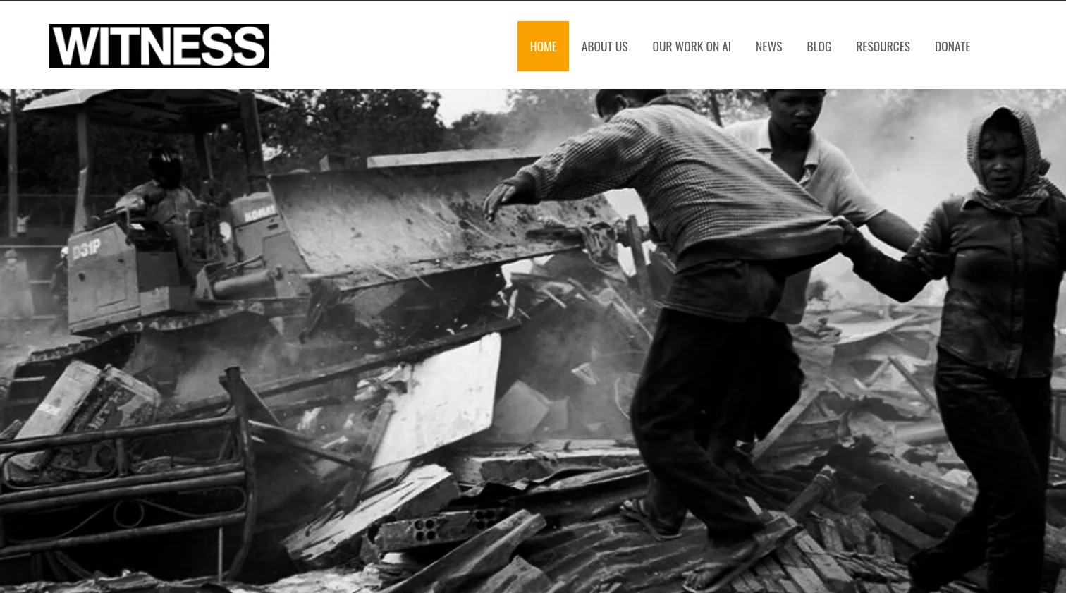 Die Startseite der WITNESS-Homepage mit einem großen schwarz-weiß Bild.