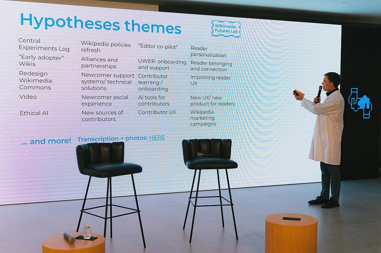 Ein Mann steht mit einem Mikrofon vor einem großen Bildschirm. Darauf steht die Überschrift: "Hypotheses themes".