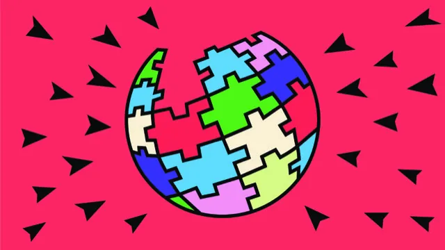 Viele Pfeile zeigen auf Wikipedia-Logo in der Mitte