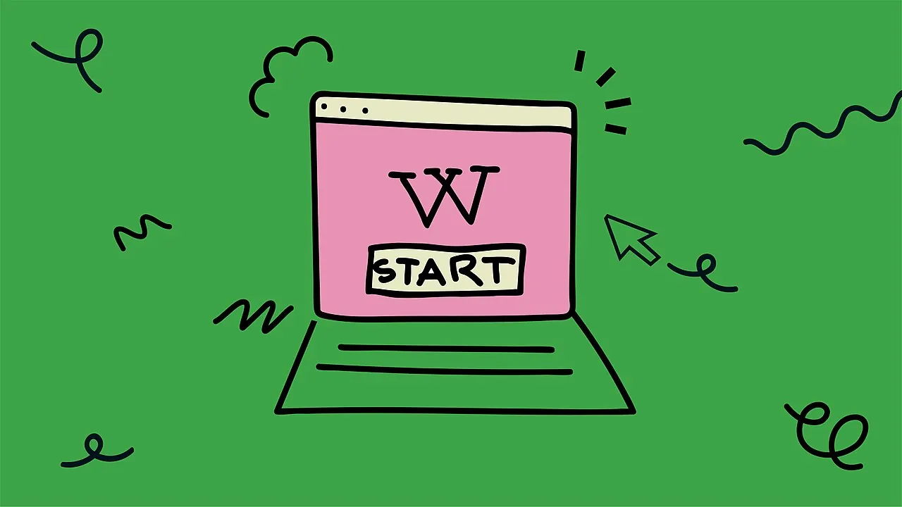 Ein gezeichneter Laptop. Auf dem Bildschirm ist der Buchstabe W zu sehen, darunter ein Startknopf.