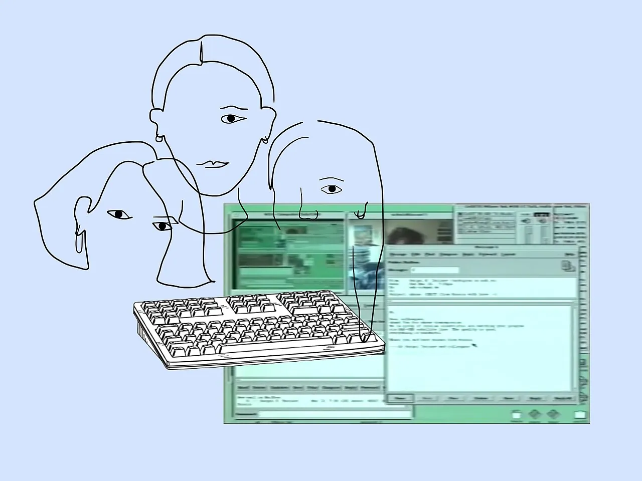 Drei gemalte Gesichter mit einer Tastatur im Hintergrund.