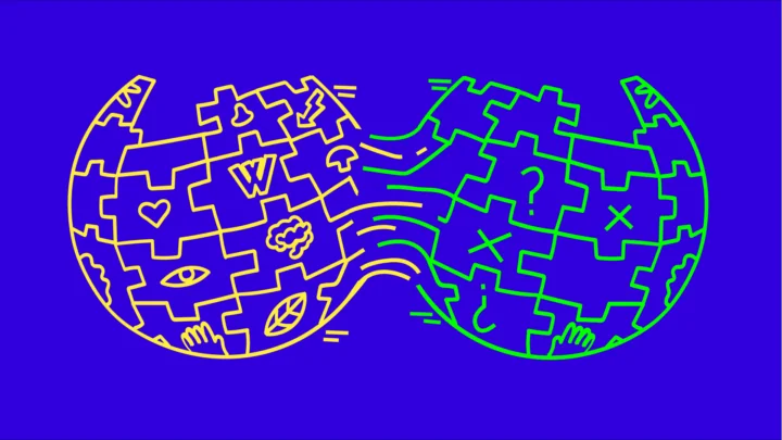 Zwei Wikipedia-Puzzlebälle werden zusammengezogen. Der rechte zeigt Fragezeichen und Kreuze, der linke Symbole wie Auge, Herz und Blatt.